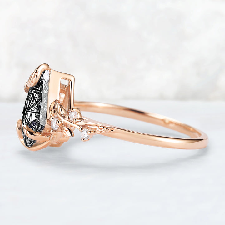 Nature Inspired Leaf Intertwined Design Black Rutilated Quartz Ring