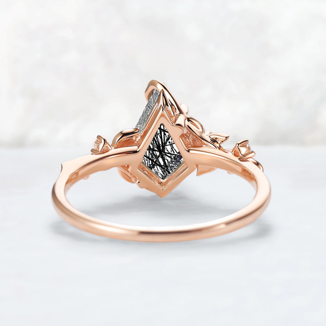 Nature Inspired Leaf Intertwined Design Black Rutilated Quartz Ring