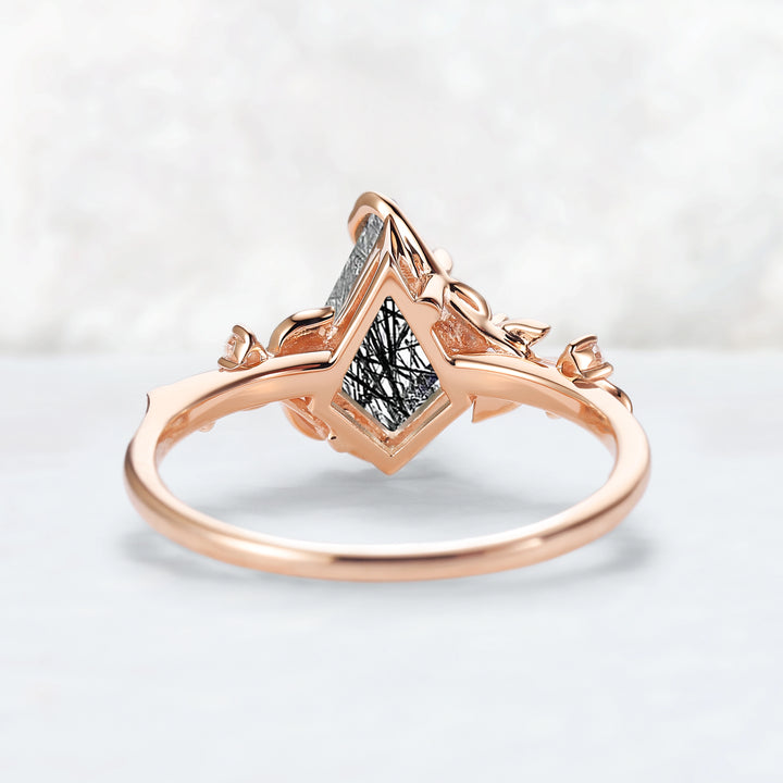 Nature Inspired Leaf Intertwined Design Black Rutilated Quartz Ring