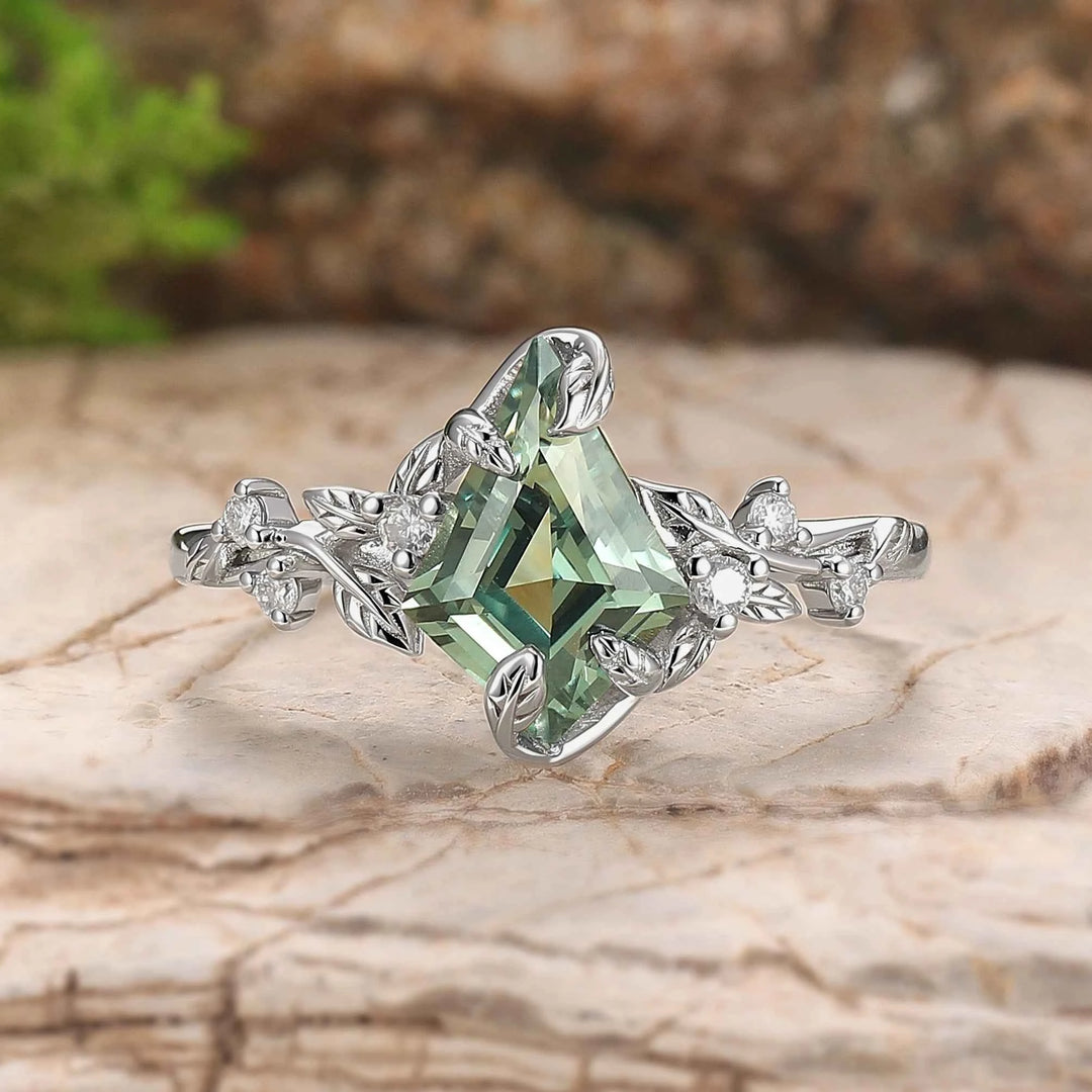 Nature Inspired Leaf Intertwined Design Green Sapphire Ring