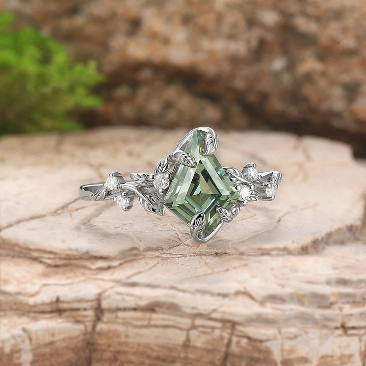Nature Inspired Leaf Intertwined Design Green Sapphire Ring