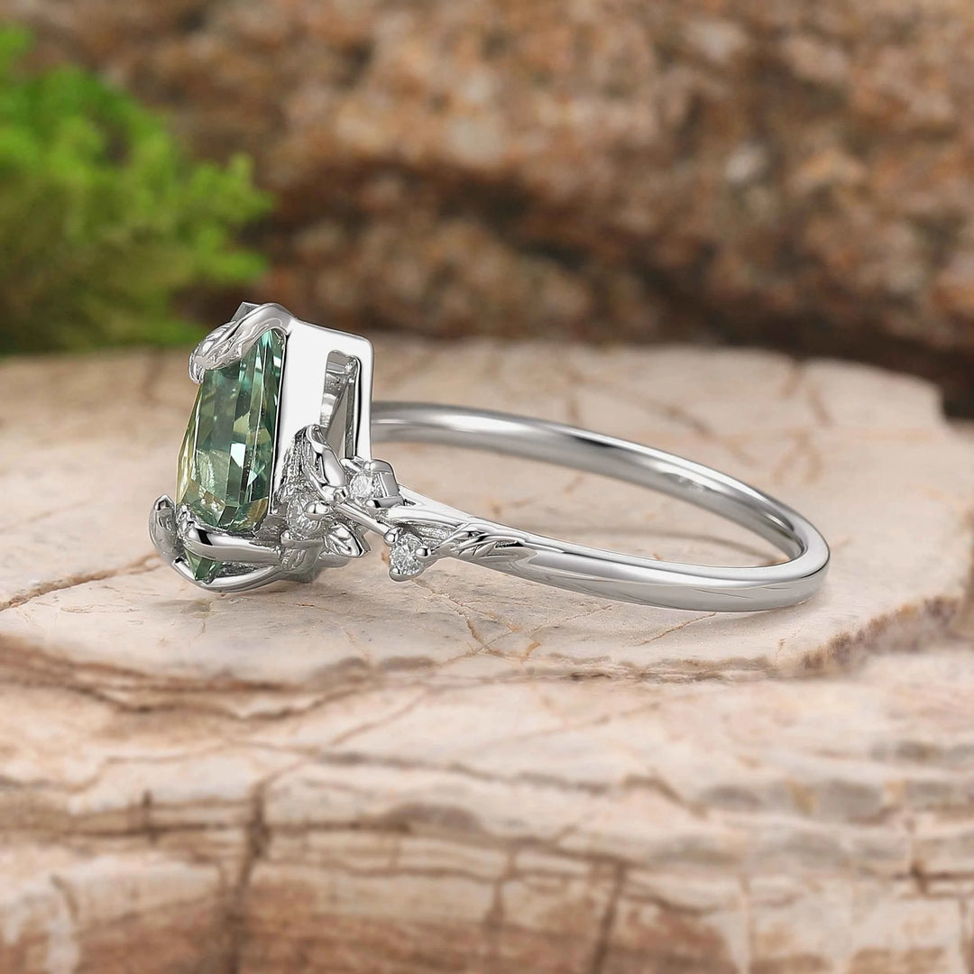 Nature Inspired Leaf Intertwined Design Green Sapphire Ring