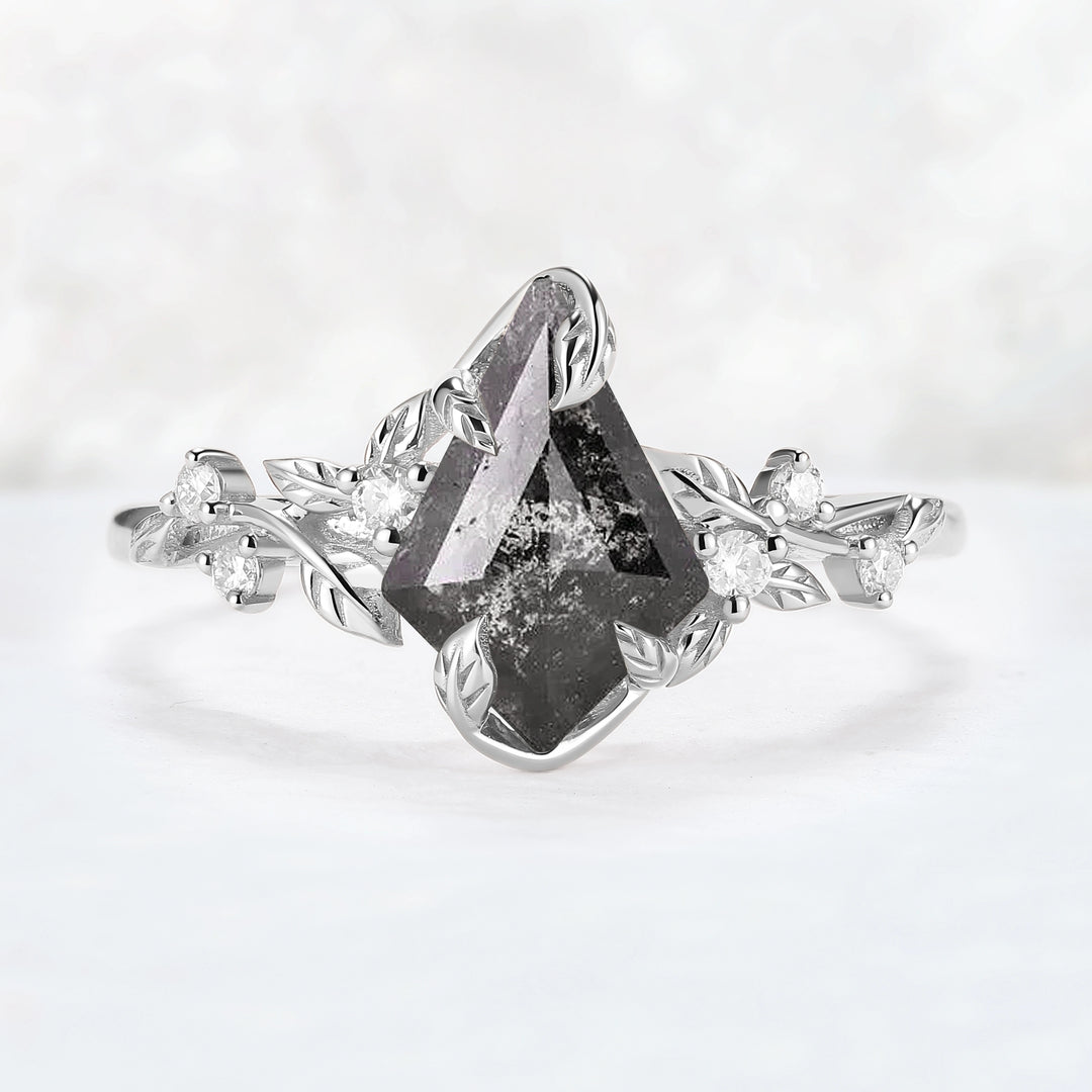 Nature Inspired Leaf Intertwined Design Salt and Pepper Crystal Ring
