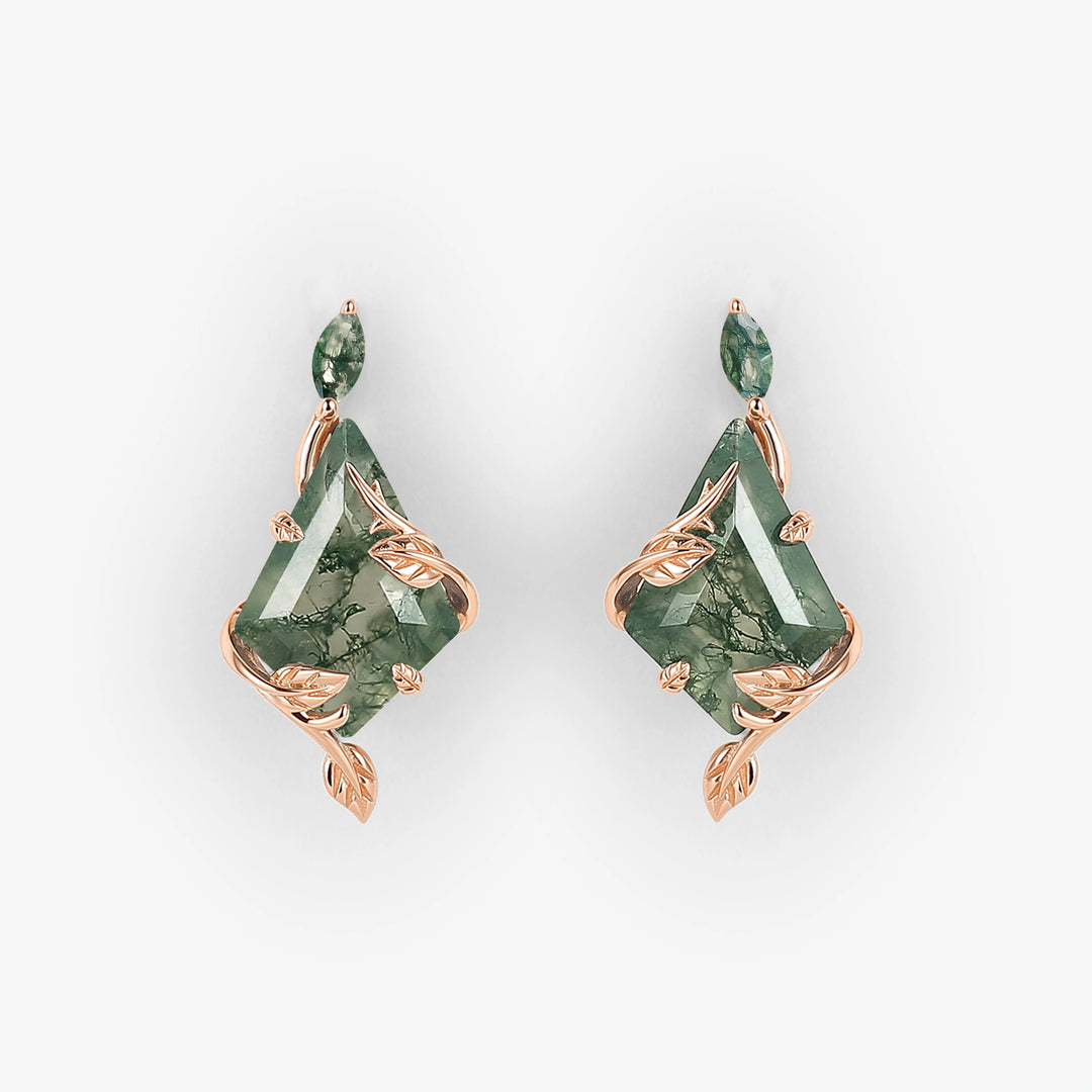 Nature Inspired Leafy Kite Cut Moss Agate Earrings Anniversary Gift for Her