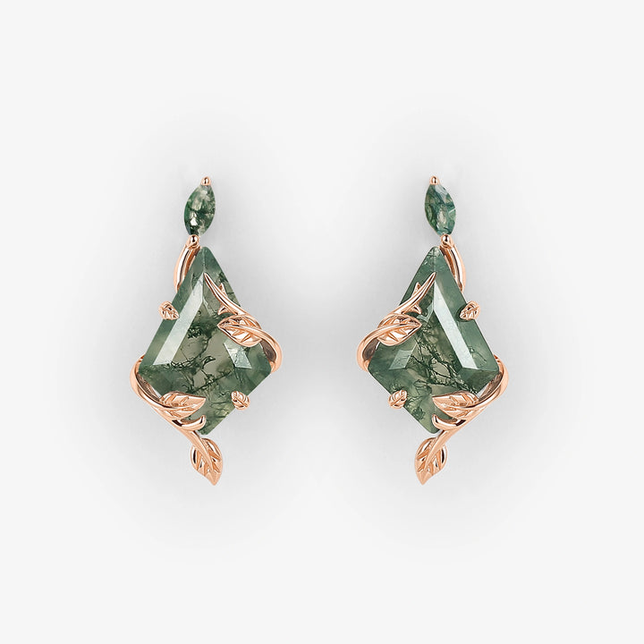 Nature Inspired Leafy Kite Cut Moss Agate Earrings Anniversary Gift for Her