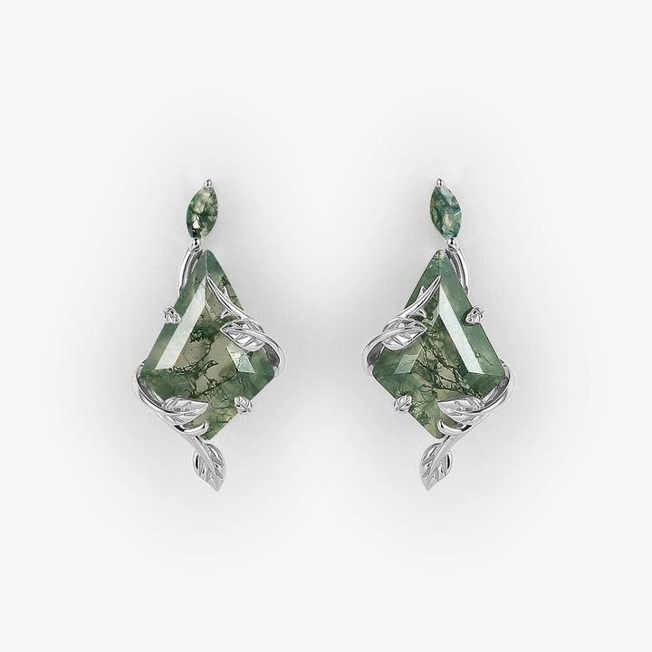 Nature Inspired Leafy Kite Cut Moss Agate Earrings Anniversary Gift for Her