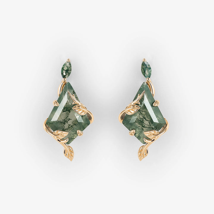 Nature Inspired Leafy Kite Cut Moss Agate Earrings Anniversary Gift for Her