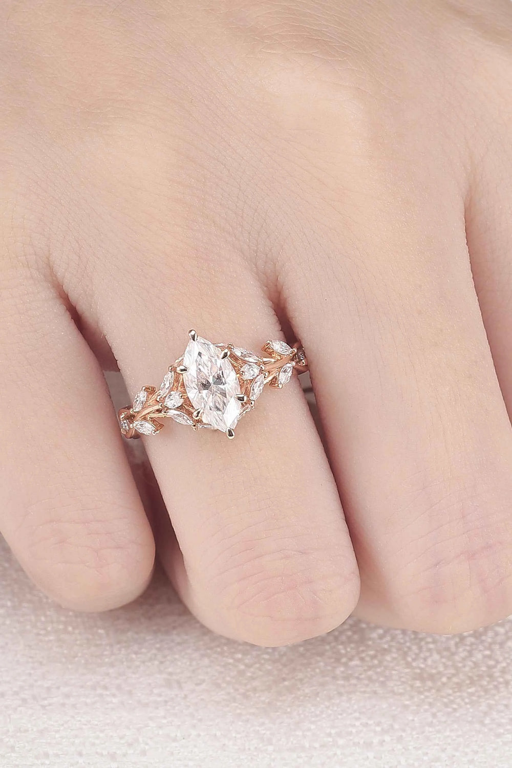 Leaf Claw Inlay Marquise Cut Moissanite Ring