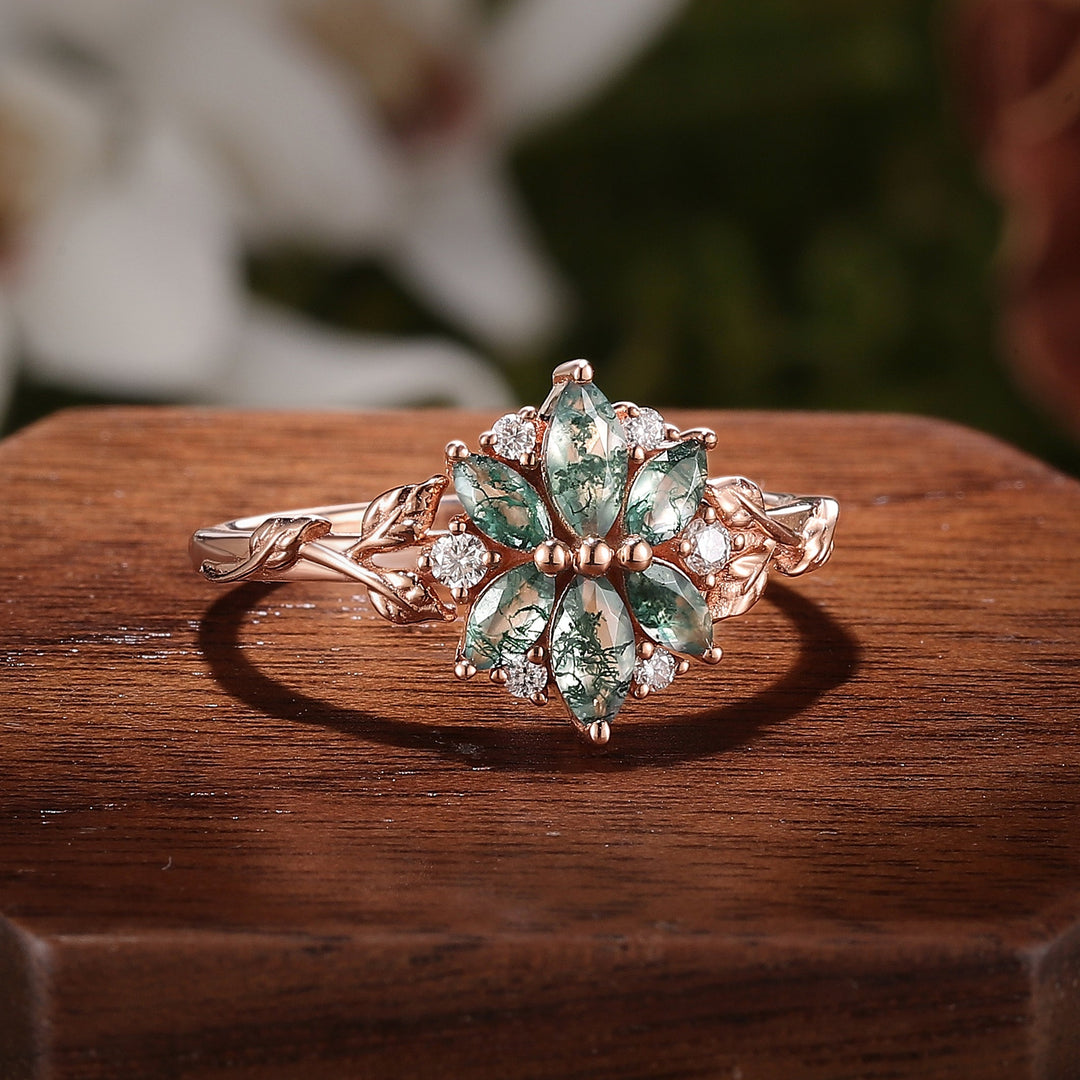 Nature Inspired Marquise Shaped Moss Agate with Moissanite Leafy Ring - Iver Jewelry