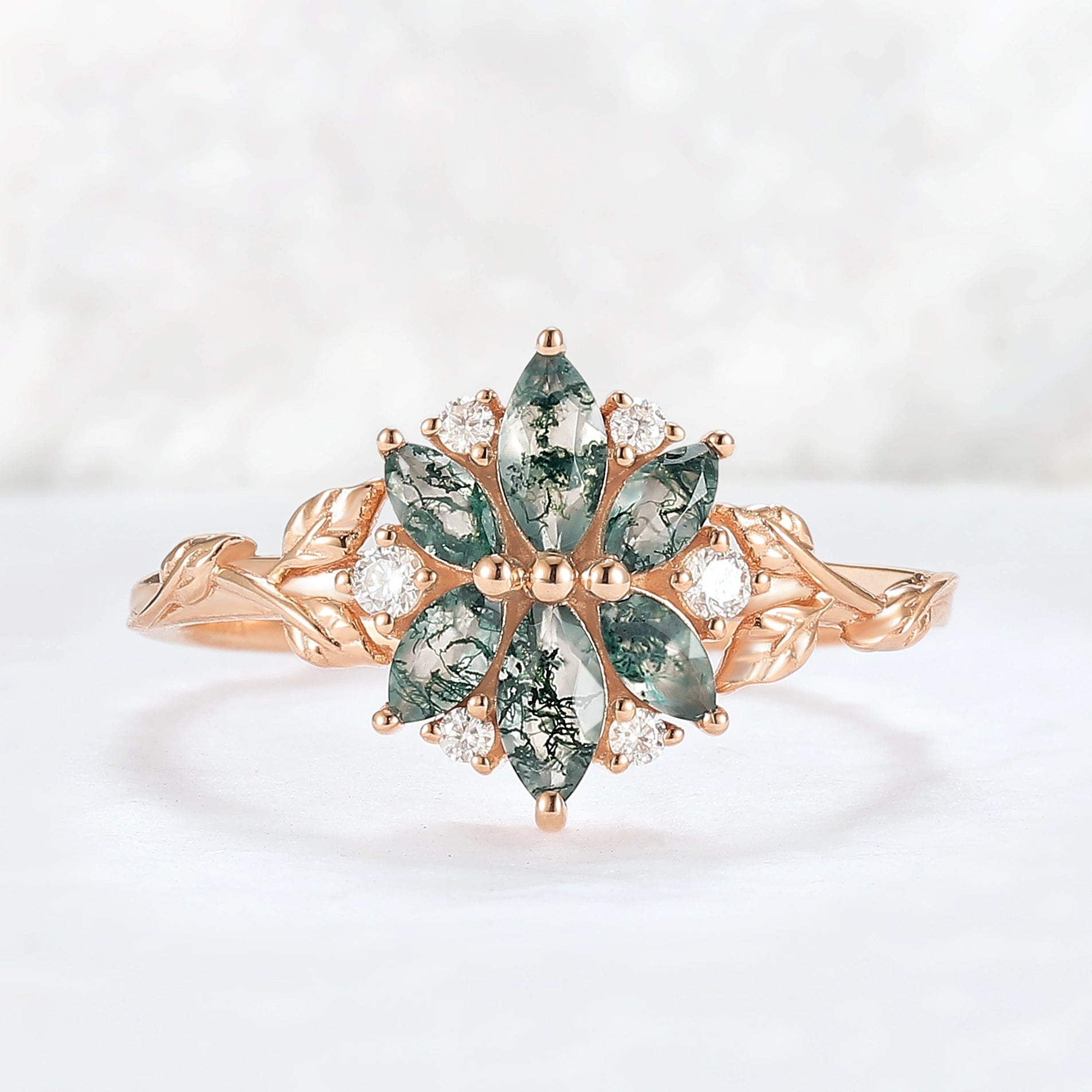 Nature Inspired Marquise Shaped Moss Agate with Moissanite Leafy & Floral Ring