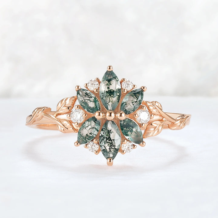Nature Inspired Marquise Shaped Moss Agate with Moissanite Leafy & Floral Ring