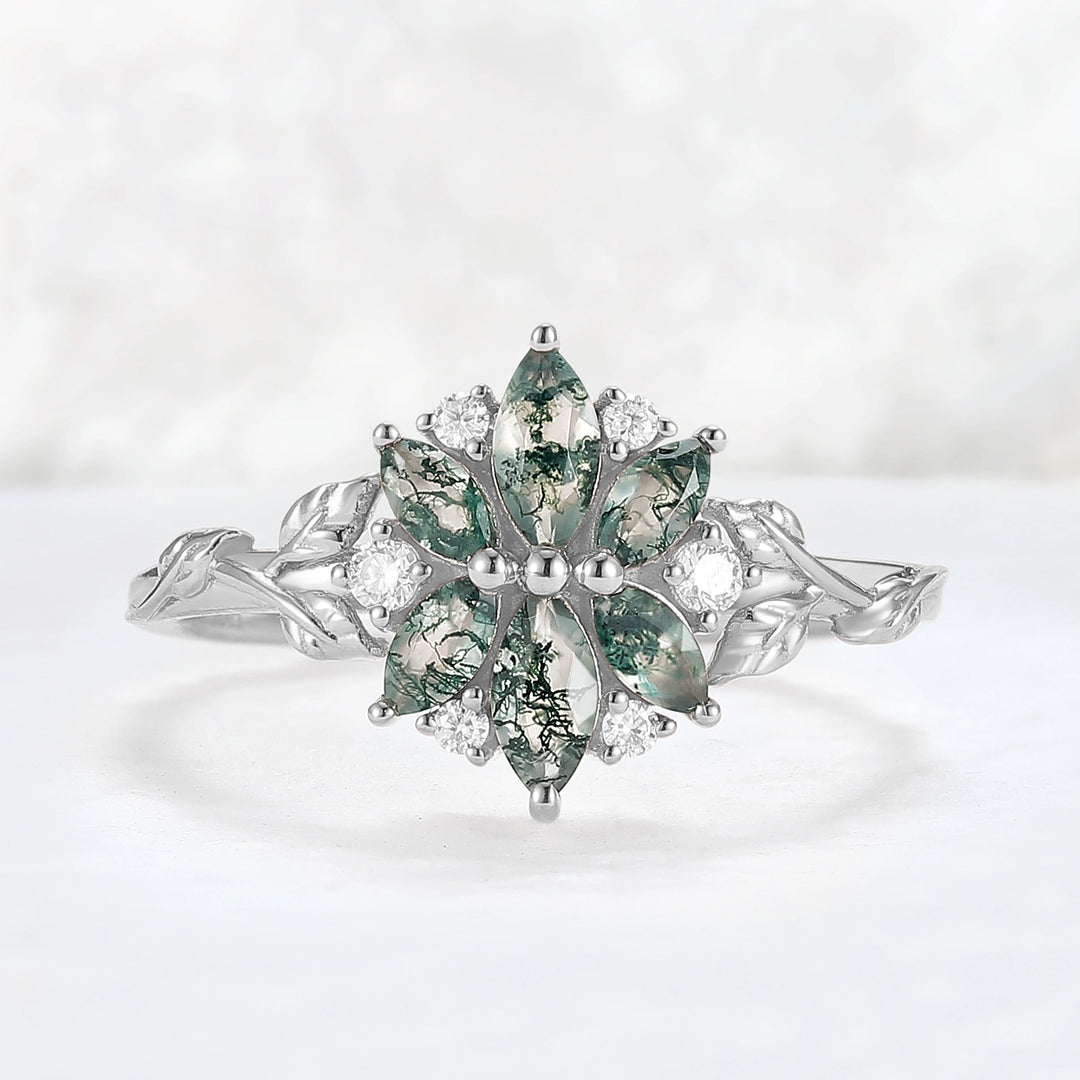 Nature Inspired Marquise Shaped Moss Agate with Moissanite Leafy & Floral Ring