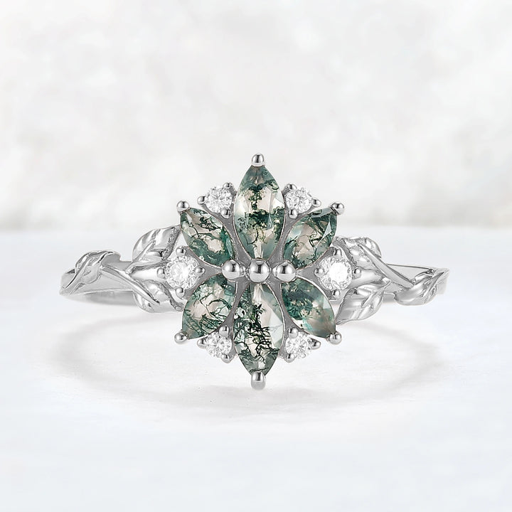 Nature Inspired Marquise Shaped Moss Agate with Moissanite Leafy & Floral Ring