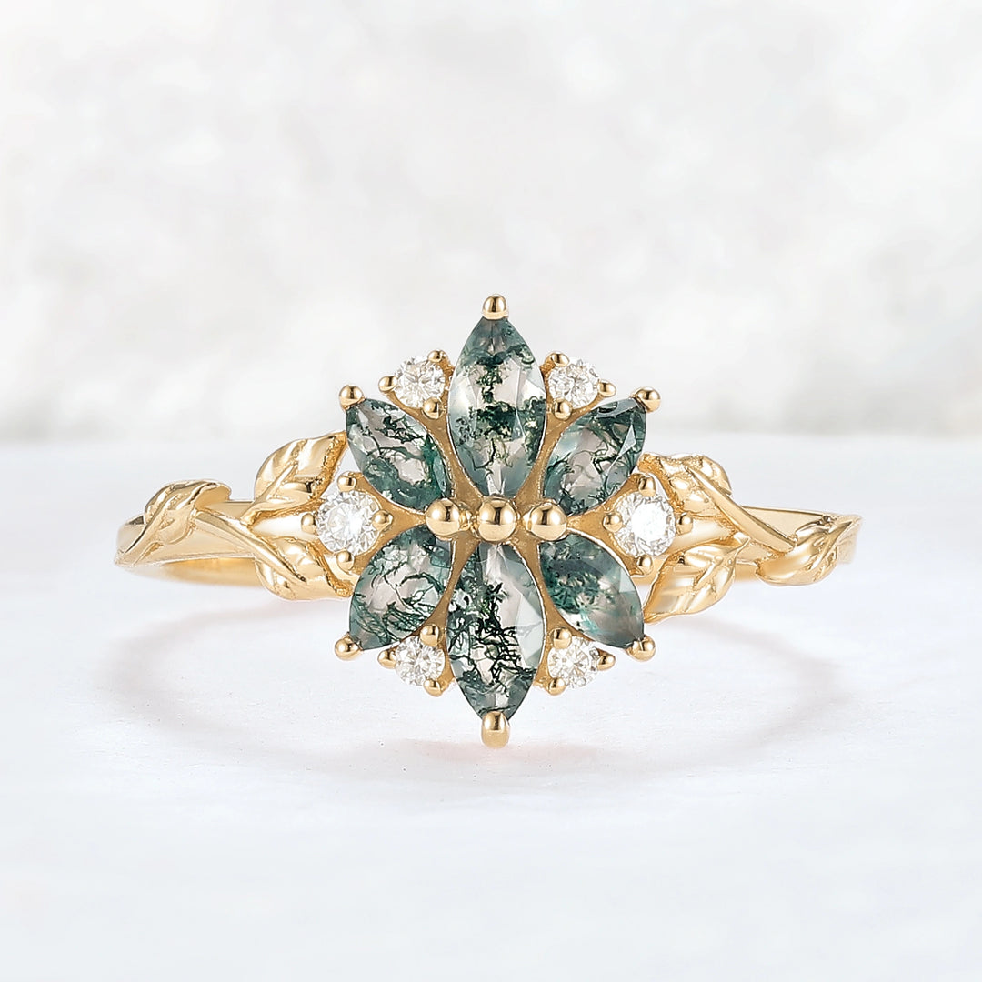 Nature Inspired Marquise Shaped Moss Agate with Moissanite Leafy & Floral Ring