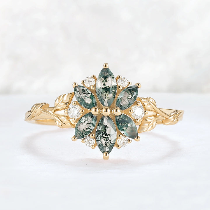 Nature Inspired Marquise Shaped Moss Agate with Moissanite Leafy & Floral Ring