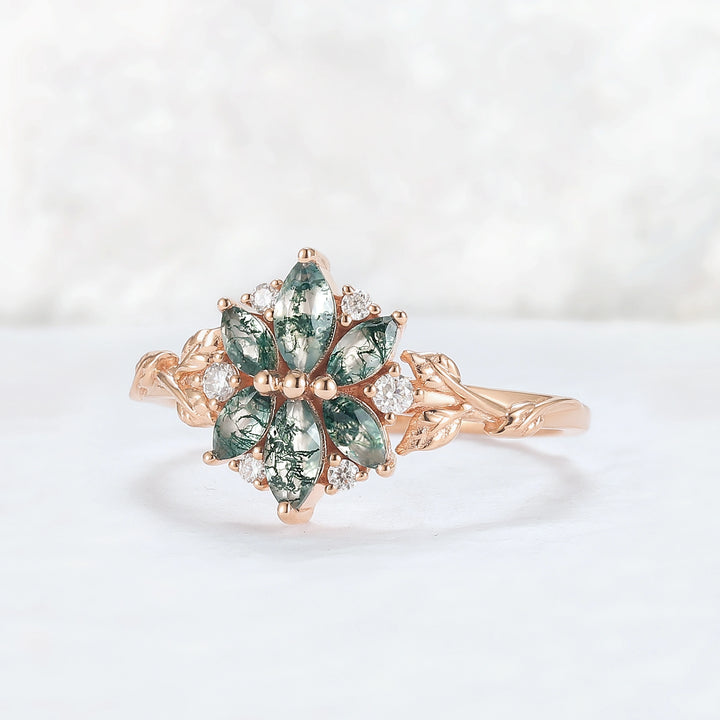 Nature Inspired Marquise Shaped Moss Agate with Moissanite Leafy & Floral Ring