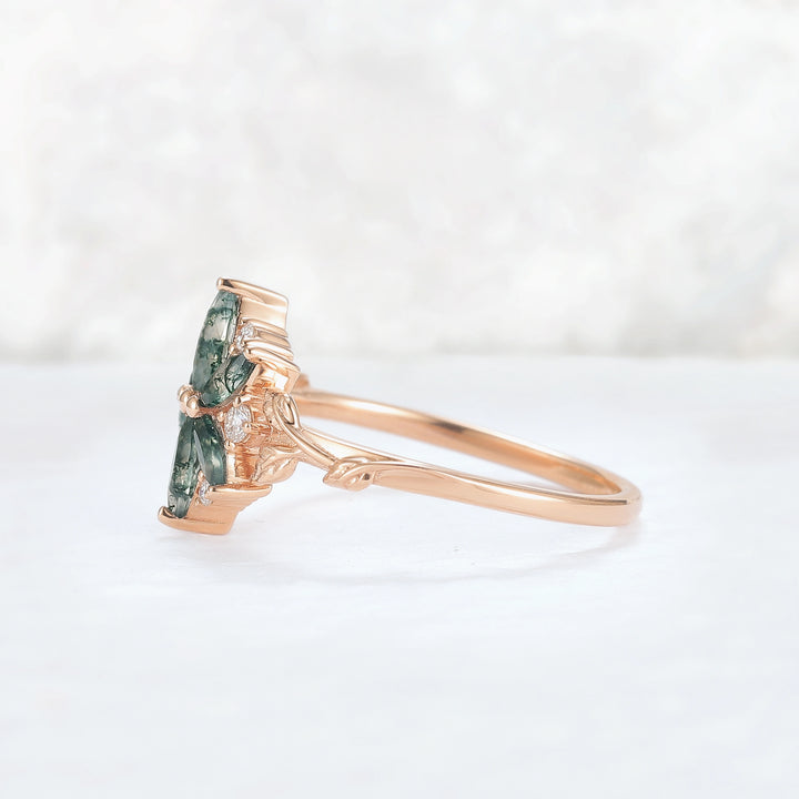 Nature Inspired Marquise Shaped Moss Agate with Moissanite Leafy & Floral Ring