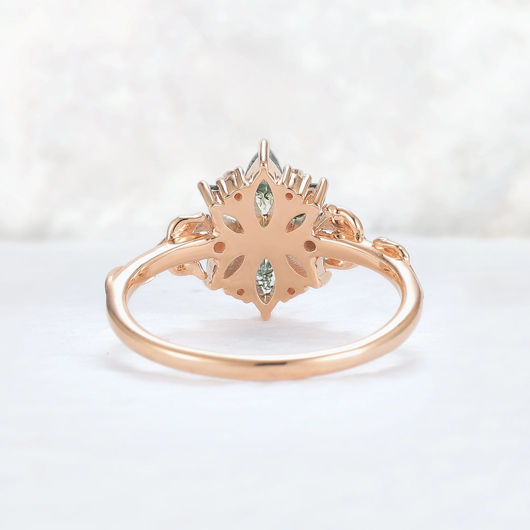 Nature Inspired Marquise Shaped Moss Agate with Moissanite Leafy & Floral Ring