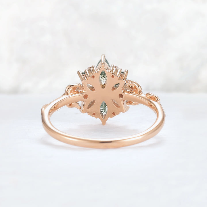 Nature Inspired Marquise Shaped Moss Agate with Moissanite Leafy & Floral Ring