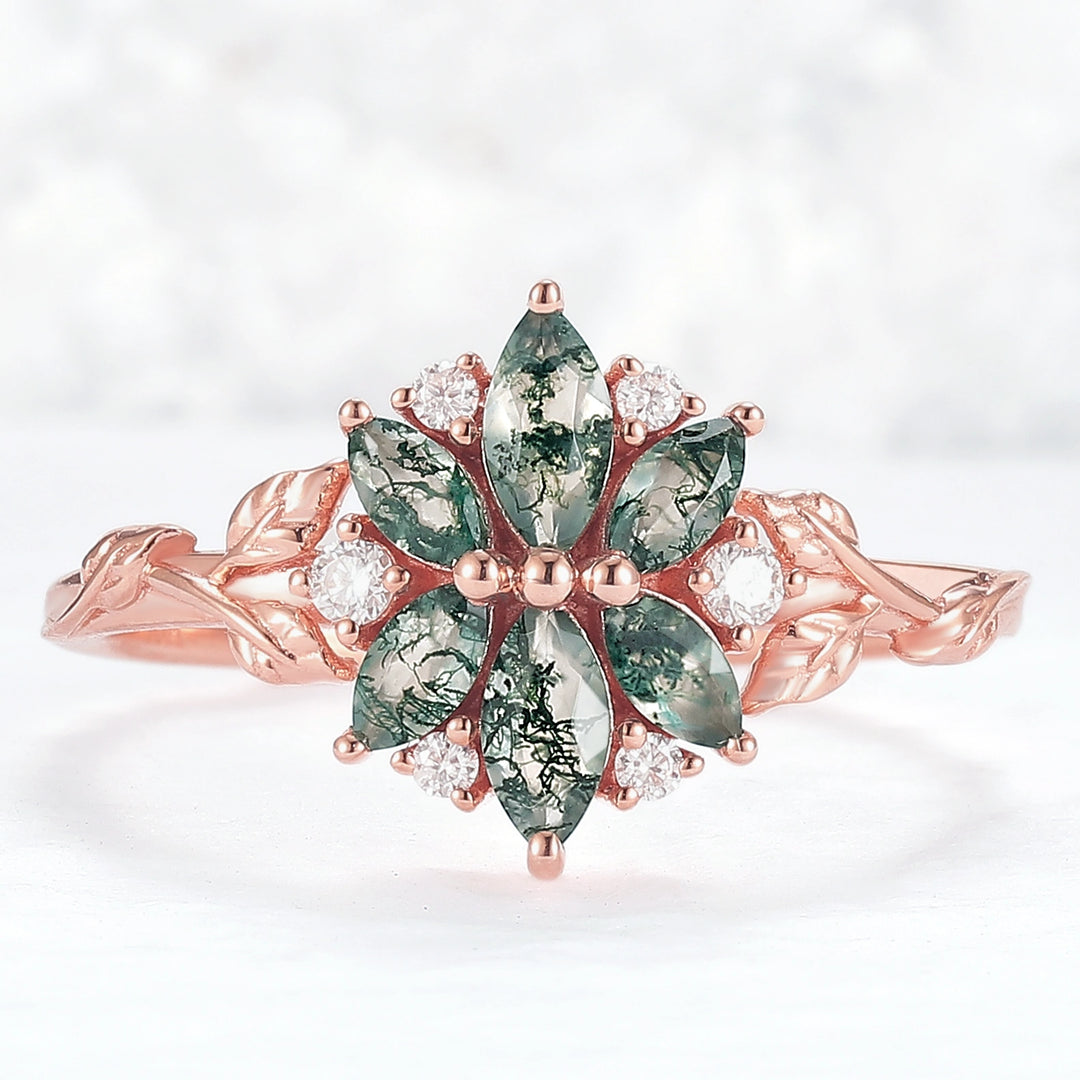 Nature Inspired Marquise Shaped Moss Agate with Moissanite Leafy Ring