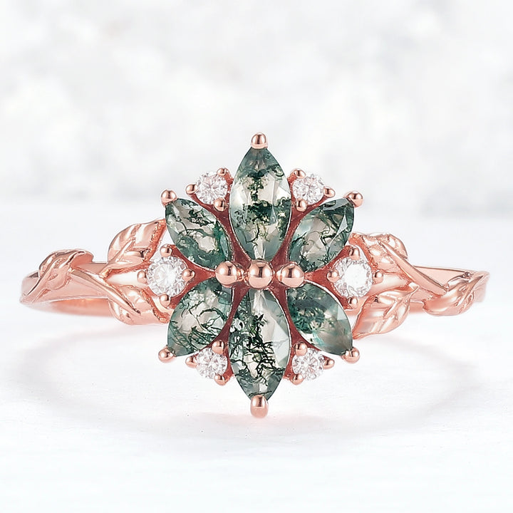 Nature Inspired Marquise Shaped Moss Agate with Moissanite Leafy Ring