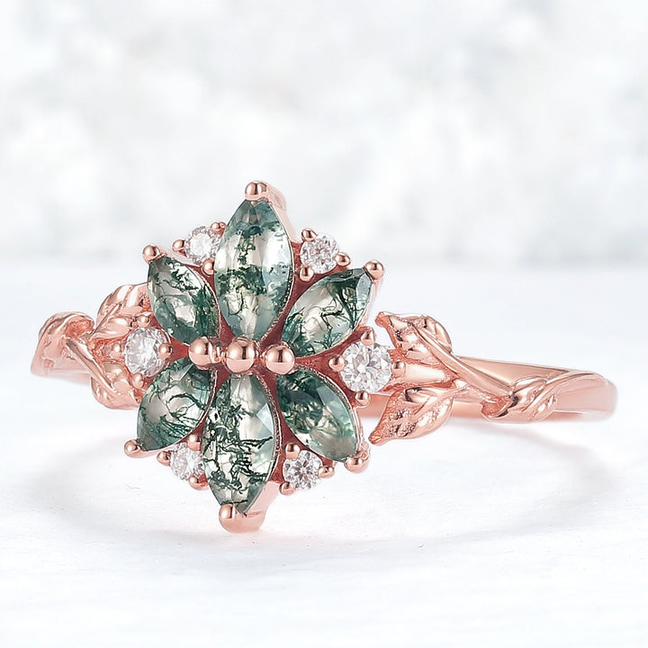 Nature Inspired Marquise Shaped Moss Agate with Moissanite Leafy Ring