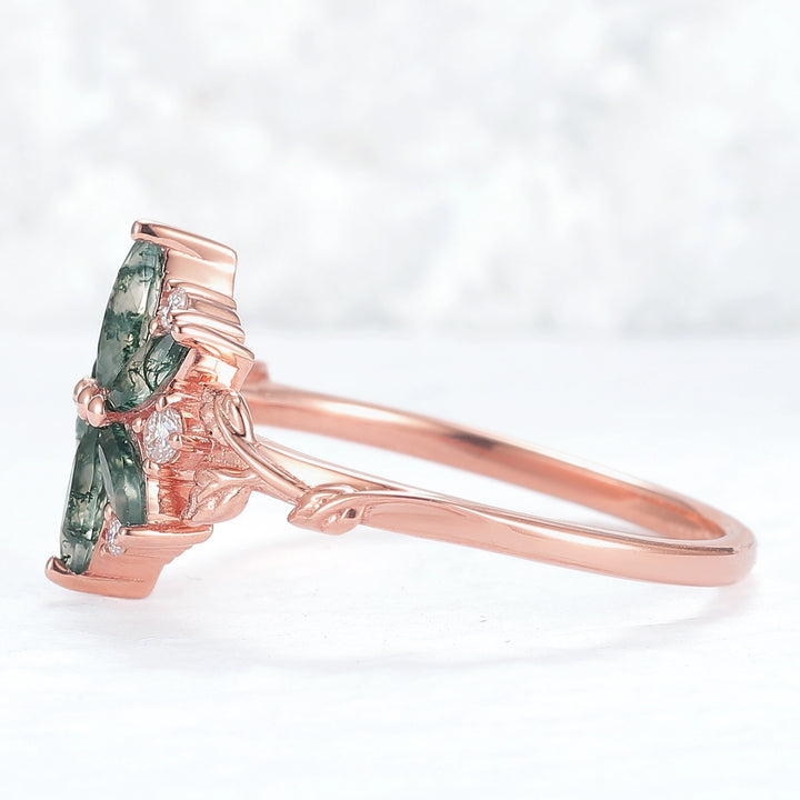 Nature Inspired Marquise Shaped Moss Agate with Moissanite Leafy Ring