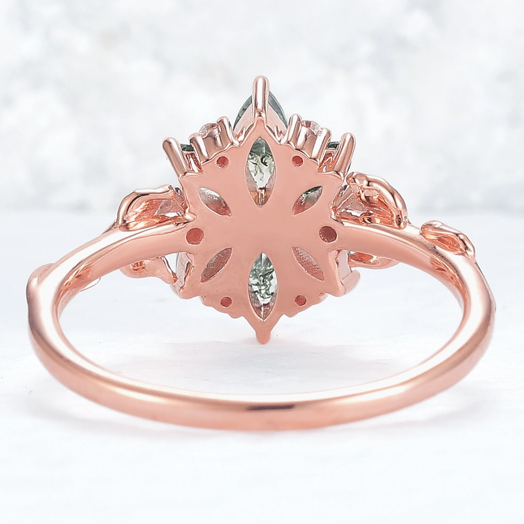 Nature Inspired Marquise Shaped Moss Agate with Moissanite Leafy Ring