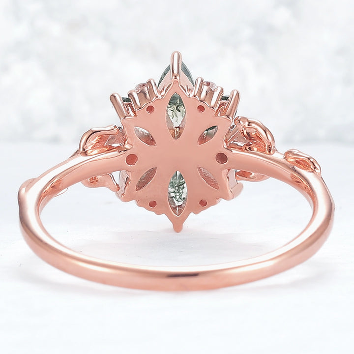 Nature Inspired Marquise Shaped Moss Agate with Moissanite Leafy Ring
