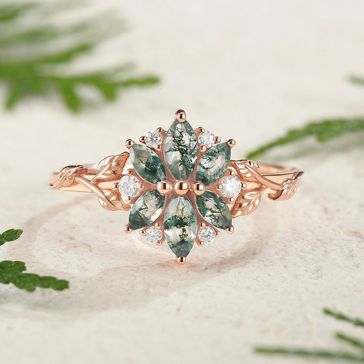 Nature Inspired Marquise Shaped Moss Agate with Moissanite Leafy Ring