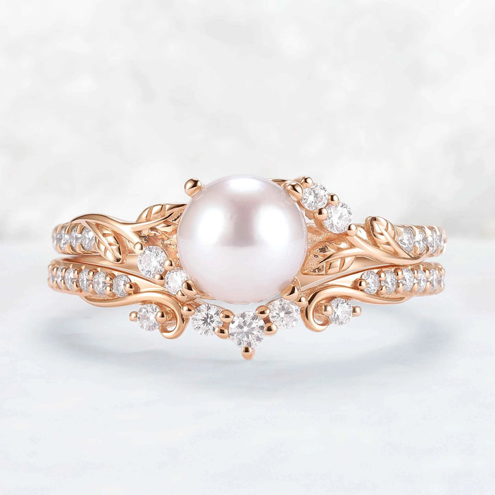 Nature Inspired Natural Pearl Leafy Gemstone Ring Set 2pcs