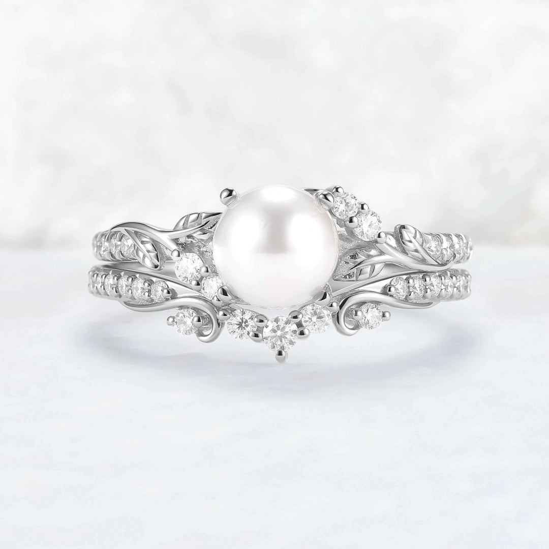 Nature Inspired Natural Pearl Leafy Gemstone Ring Set 2pcs