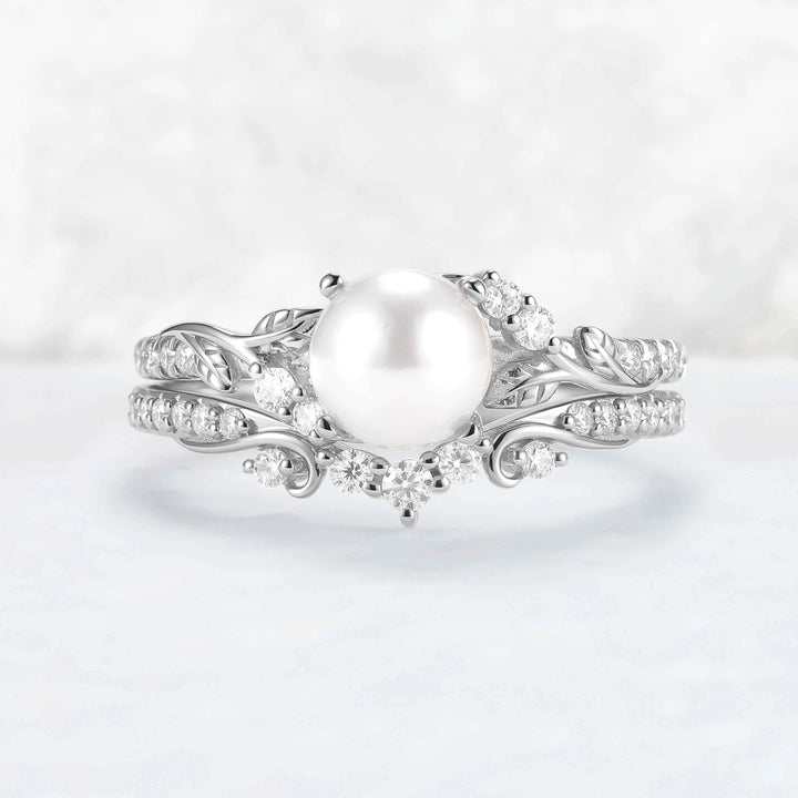 Nature Inspired Natural Pearl Leafy Gemstone Ring Set 2pcs