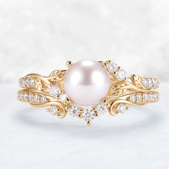 Nature Inspired Natural Pearl Leafy Gemstone Ring Set 2pcs