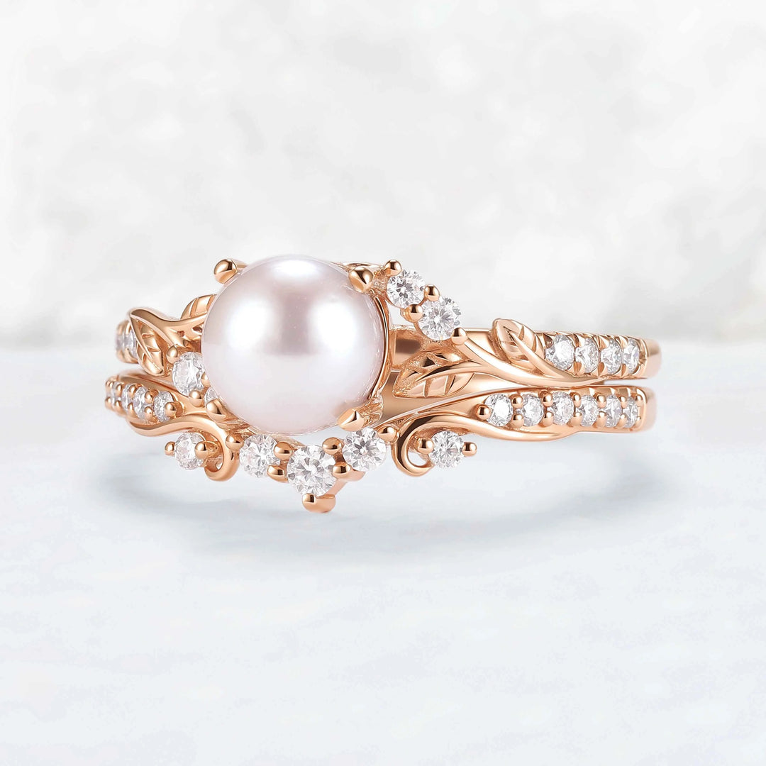 Nature Inspired Natural Pearl Leafy Gemstone Ring Set 2pcs