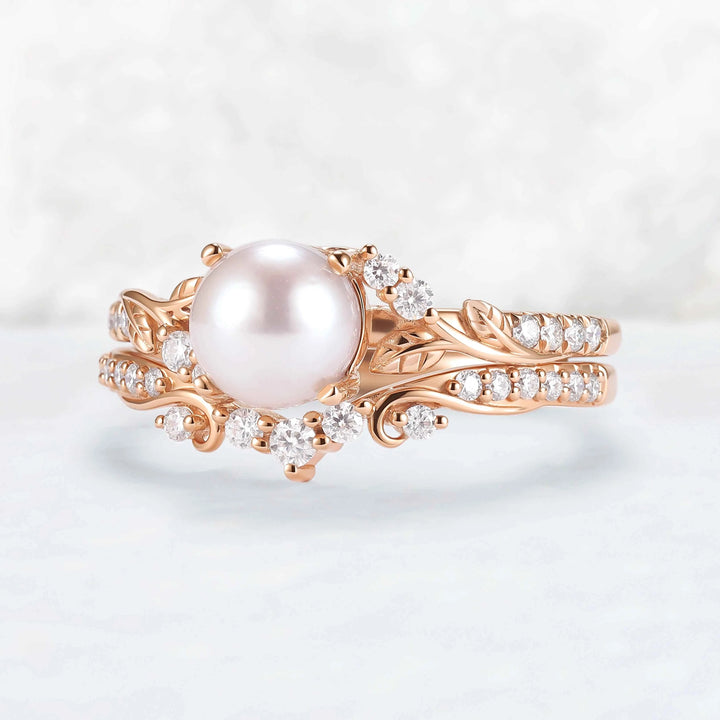 Nature Inspired Natural Pearl Leafy Gemstone Ring Set 2pcs