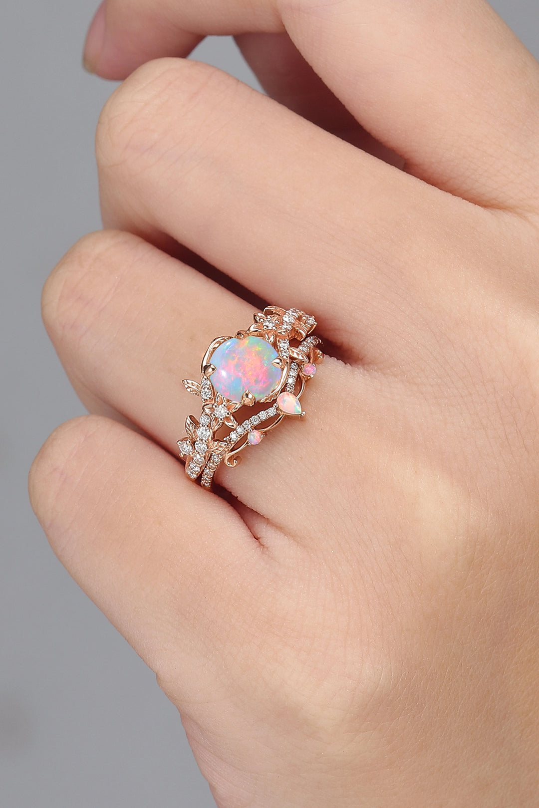 Nature Inspired Opal Flora & Leafy Engagement Ring Set 2pcs