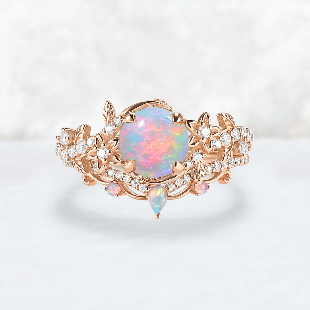 Nature Inspired Opal Flora & Leafy Engagement Ring Set 2pcs