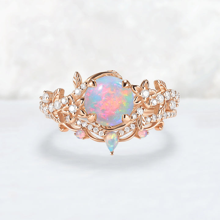 Nature Inspired Opal Flora & Leafy Engagement Ring Set 2pcs
