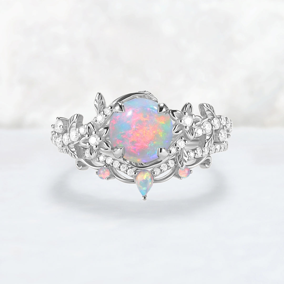 Nature Inspired Opal Flora & Leafy Engagement Ring Set 2pcs