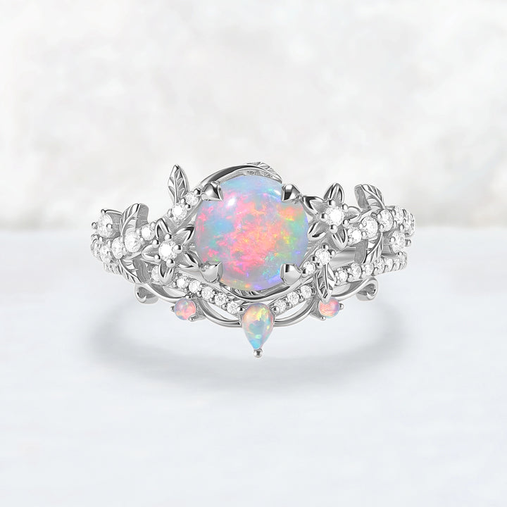 Nature Inspired Opal Flora & Leafy Engagement Ring Set 2pcs