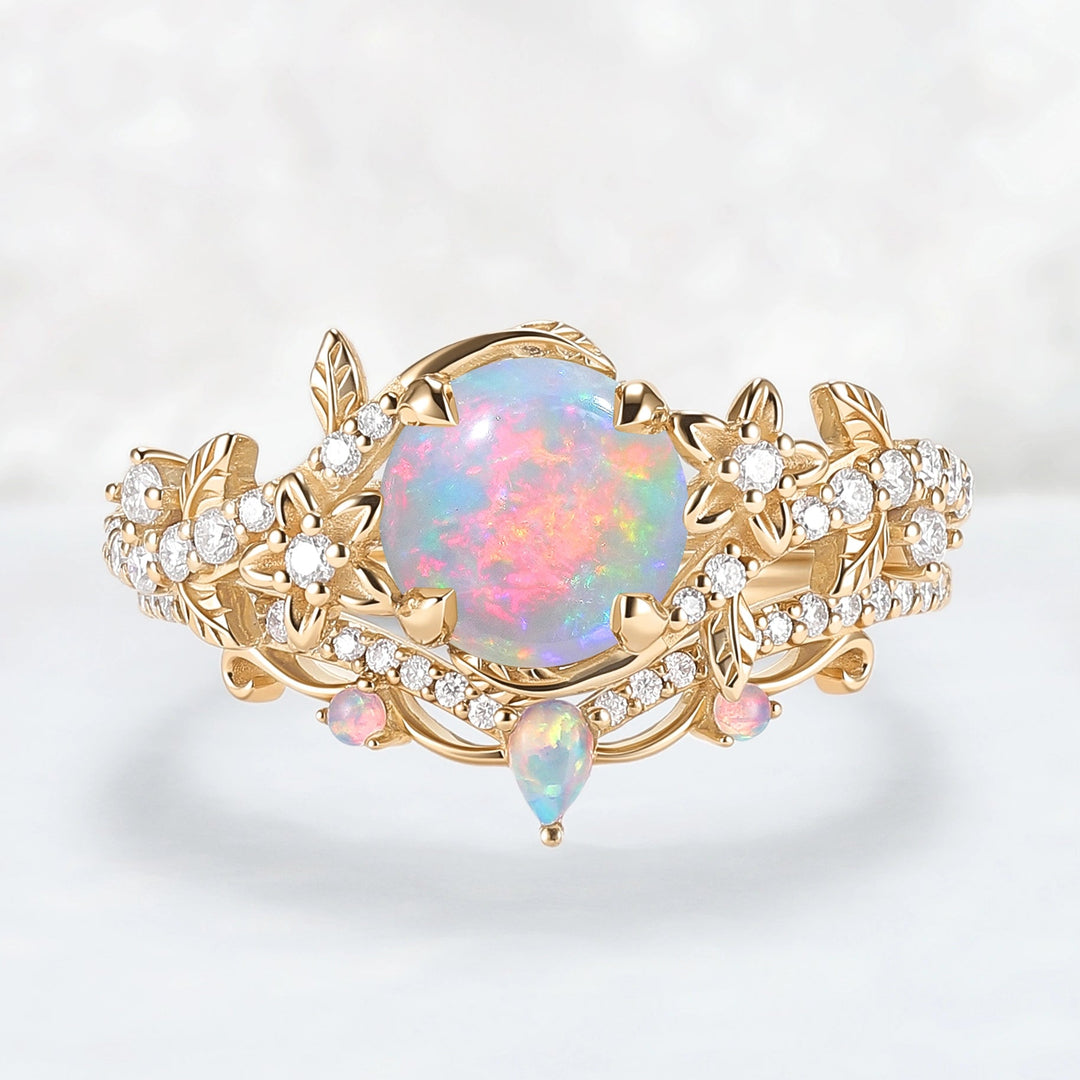 Nature Inspired Opal Flora & Leafy Engagement Ring Set 2pcs