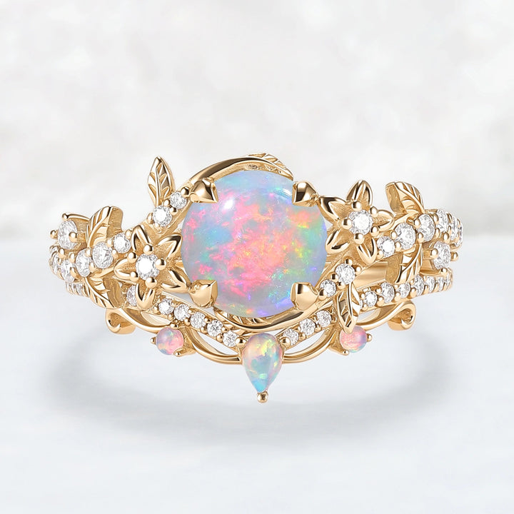 Nature Inspired Opal Flora & Leafy Engagement Ring Set 2pcs