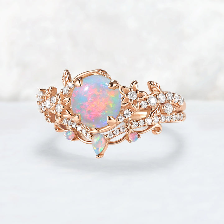 Nature Inspired Opal Flora & Leafy Engagement Ring Set 2pcs