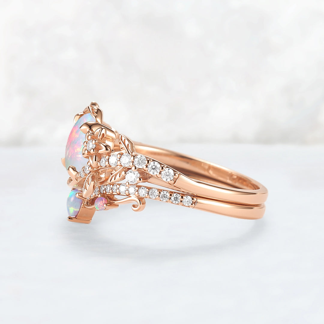Nature Inspired Opal Flora & Leafy Engagement Ring Set 2pcs