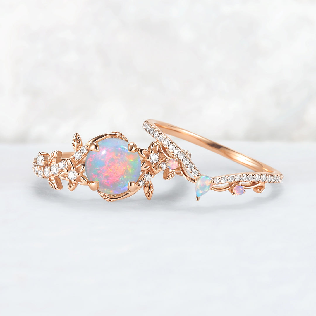 Nature Inspired Opal Flora & Leafy Engagement Ring Set 2pcs