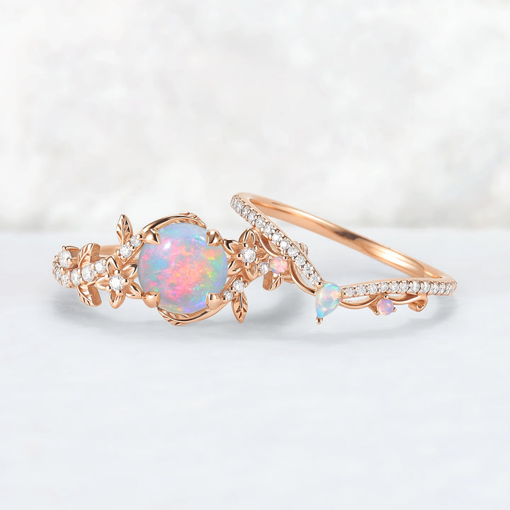 Nature Inspired Opal Flora & Leafy Engagement Ring Set 2pcs