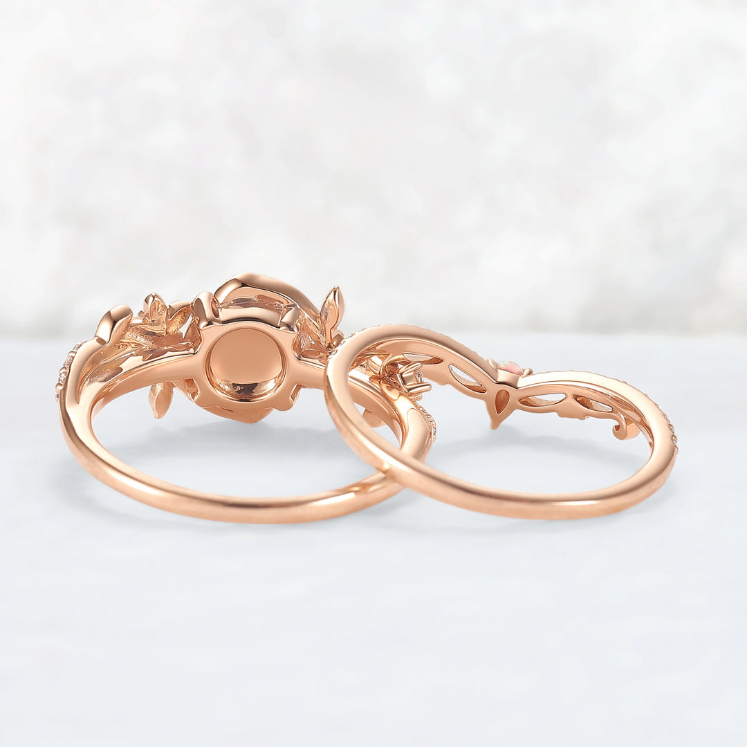 Nature Inspired Opal Flora & Leafy Engagement Ring Set 2pcs