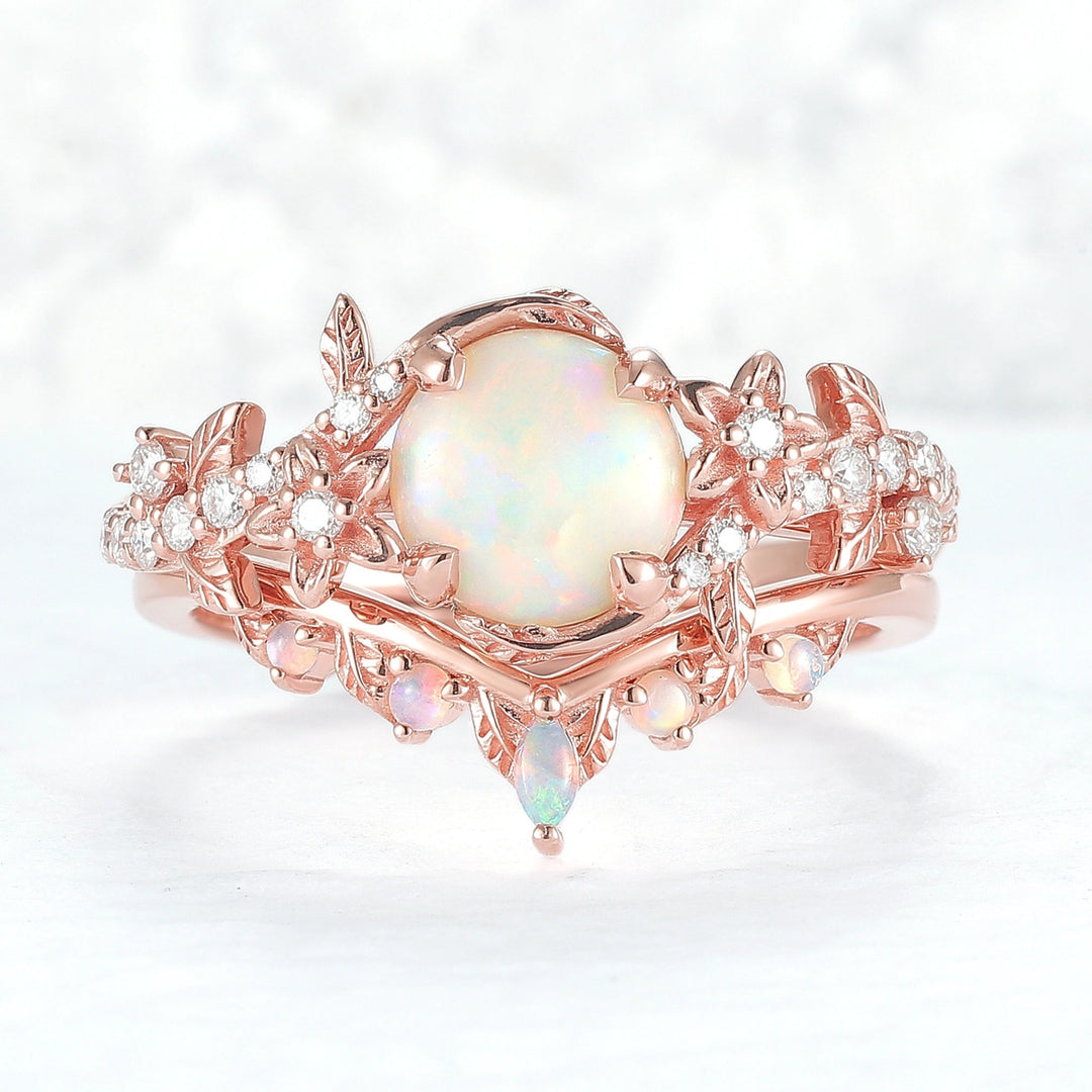 Nature Inspired Opal Flora & Leafy Gemstone Ring 2pcs