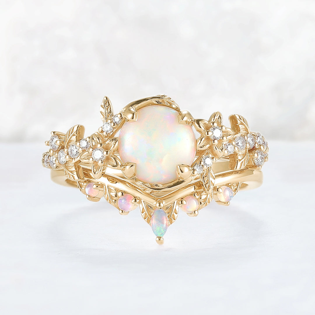 Nature Inspired Opal Flora & Leafy Gemstone Ring 2pcs